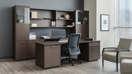 Fototapeta premium Modern Executive Office Furniture Set with Desk Chair and Storage