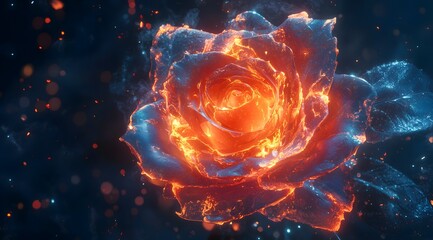 Fiery Rose: A surreal digital art rendering of a rose with fiery interior and icy outer petals.