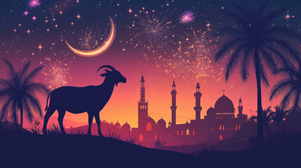 Naklejka premium Festive Eid al Adha Celebration Goat Silhouette Mosque Fireworks and Crescent Moon Night