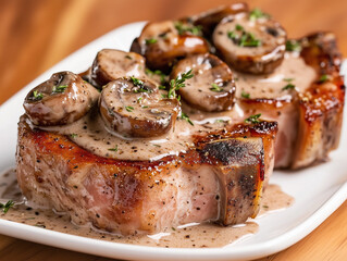 Sizzling pork chops with creamy mushroom sauce and thyme