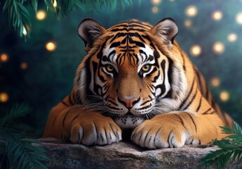 Fototapeta premium Majestic Tiger Portrait Amber Eyes, Orange Stripes, Winter Bokeh Lights