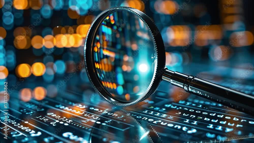 Poster magnifying glass focusing on digital data analyzing technology with blurred lights, captivating refl