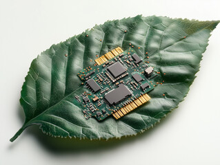 Green computing and sustainable technology symbolized by circuit board on leaf