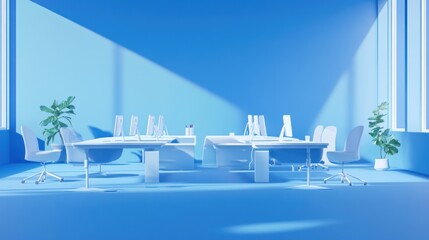 Modern Blue Office Interior Design, Sunlight Through Windows, Empty Workspace, Stock Photo