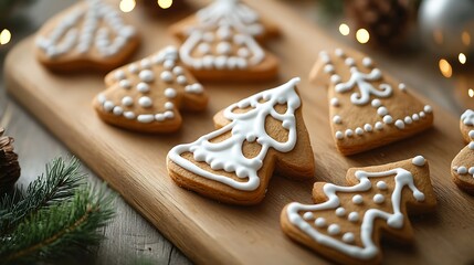 Christmas tree-shaped gingerbread cookies on wooden board.