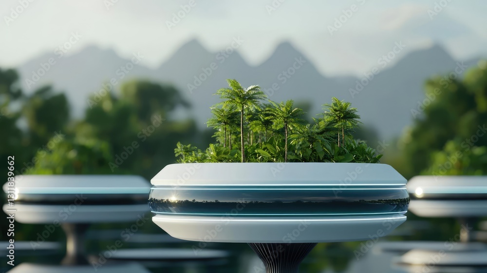 Poster climate change drought idea. futuristic garden with greenery on advanced platforms in a serene lands
