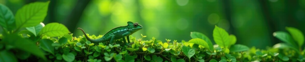 Naklejka premium A tiny chameleon blends into the dense foliage of a green bush, jungle, trees