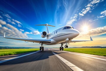 White Mid-Size Jet Airplane on Runway - Ready for Takeoff - Stock Photo