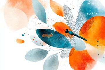 A flat illustration of a dragonfly mid-flight with stylized, colorful wings and a clean white background for contrast