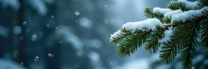 Obraz premium Clear snowflakes fall from the sky onto a dark green fir tree branch, fir tree, falling snow, snow covered branch