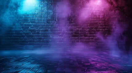 Fototapeta premium A brick wall texture pattern forms the backdrop of a blue and purple background, set in an empty dark scene. Laser beams, neon lights, spotlights reflect on the floor, creating a studio room 