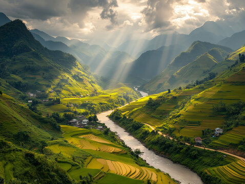 Sunbeams illuminating rice terraces in mu cang chai, vietnam