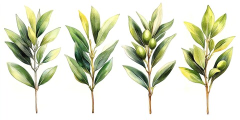 Fototapeta premium Watercolor floral illustration set - green leaf
