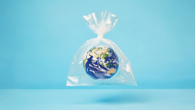 Earth Wrapped in Plastic &ndash; Symbol of Environmental Pollution and Climate Crisis,