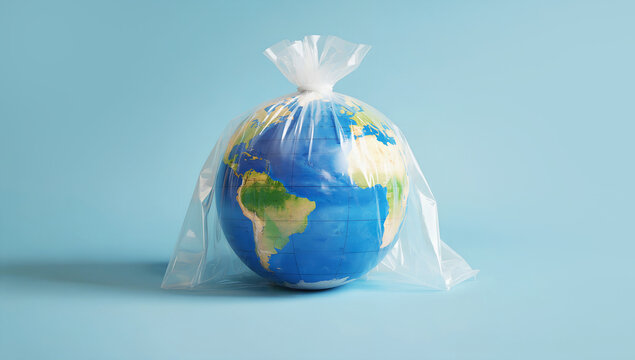 Earth Wrapped in Plastic &ndash; Symbol of Environmental Pollution and Climate Crisis, earth in plastic bag