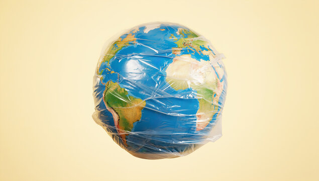 Earth Wrapped in Plastic &ndash; Symbol of Environmental Pollution and Climate Crisis, earth in plastic bag