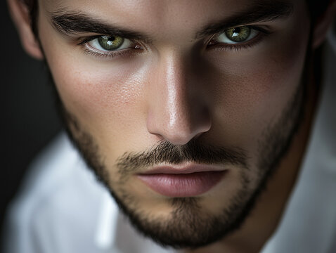 Serious young man with green eyes and short beard wearing white shirt