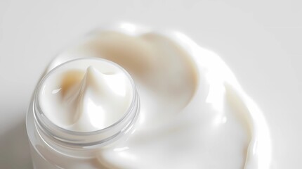 Close-up of smooth white skincare cream texture with soft lighting and clean, minimal background