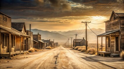 A Deserted Western Town Street at Sunset, Dust and Shadows on the Empty Road, Buildings Abandoned in the Golden Hour Light
