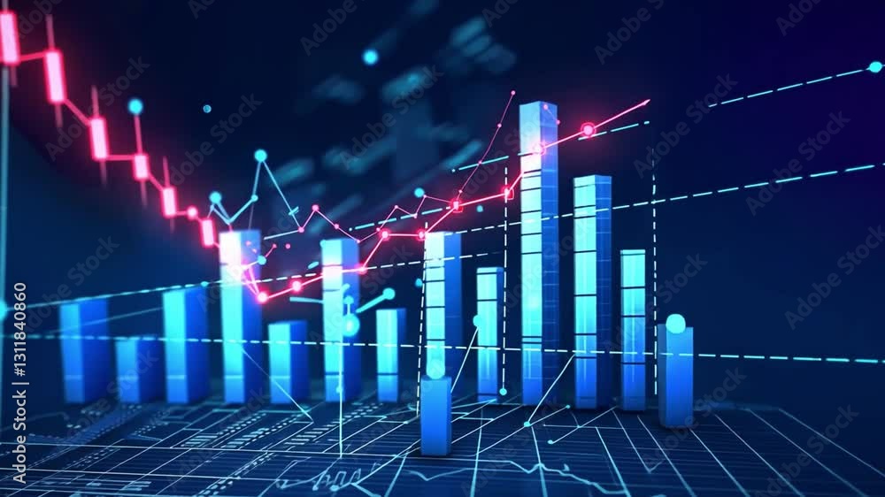 Poster vibrant digital financial data analytics exploring trends with bar graphs and line charts in modern 