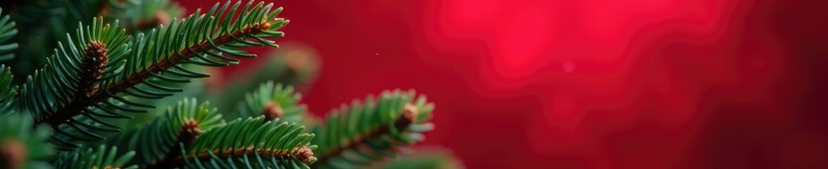 Evergreen pine needles against dark red background, alpine scenery, forest scenery, winter wonderland