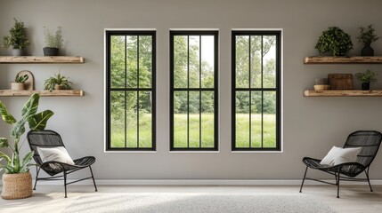 Modern living room with black framed windows and wooden shelves.  Possible use interior design, home decor, real estate