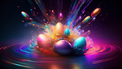 A dynamic explosion of colorful Easter eggs in a futuristic holographic style, with vivid, glowing details and a high-energy, tech-inspired aesthetic.
