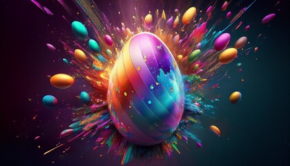 A dynamic explosion of colorful Easter eggs in a futuristic holographic style, with vivid, glowing details and a high-energy, tech-inspired aesthetic.
