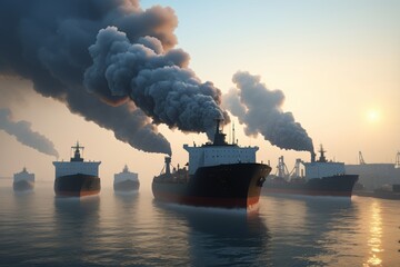 Fototapeta premium smoke billowing from a large ship in the ocean at sunset