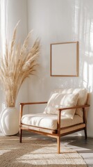 Cozy Interior Design with Neutral Tones. Armchair with Patterned Cushion and Pampas Grass in White Vase. Wall Art and Rug in Modern Home Decor