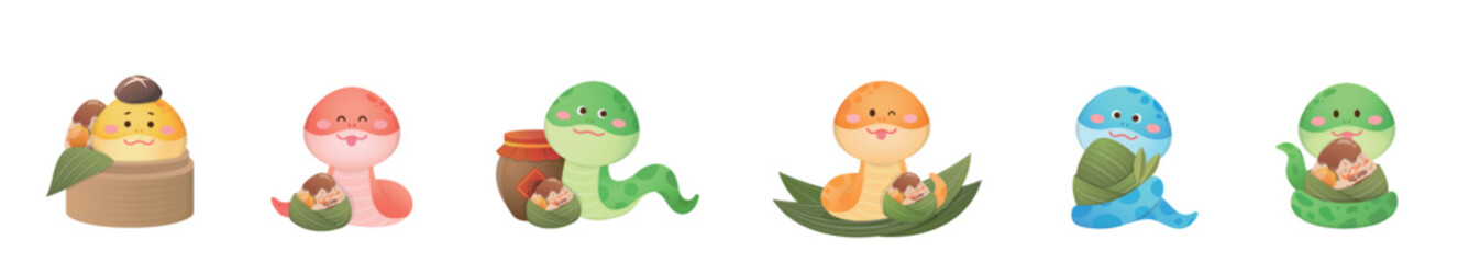 Cute snake and traditional Chinese Dragon Boat Festival food Zongzi, glutinous rice wrapped in bamboo leaves and fillings