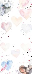 Hand-painted watercolor hearts in various sizes and shapes with mixed media elements , watercolor, whimsical, colorful