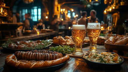 Enjoying traditional German food and beer in a cozy tavern during an evening gathering with friends