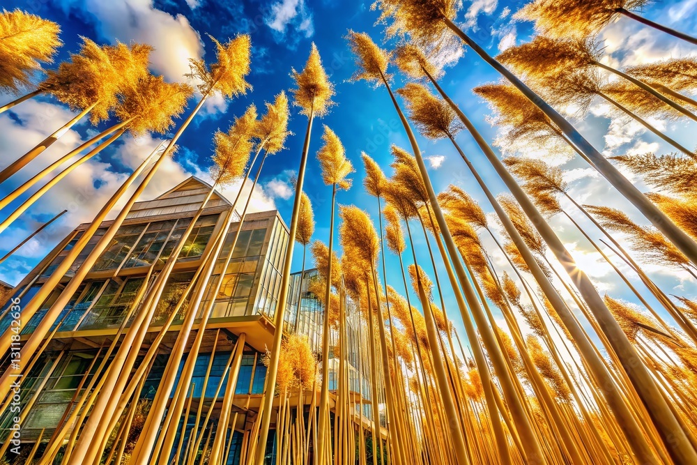 Poster windswept reeds: abstract bottom view of grasses swaying in the breeze