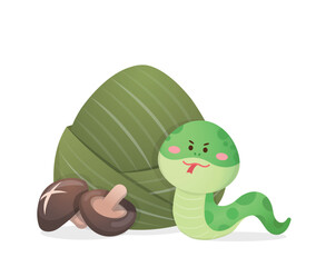 Zongzi with shiitake mushrooms wrapped in bamboo leaves, cute and playful cartoon green snake, vector illustration or icon