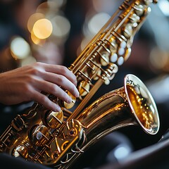 Fototapeta premium Closeup of hands playing a golden saxophone. Warm lighting accentuates the instruments intricate details, evoking a sense of musical passion and artistry.