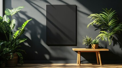 Fototapeta premium Dark Interior Mockup with Plants, Sunlight, and Empty Canvas