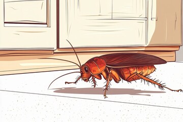 Cockroach Crawling on Kitchen Floor Near Cabinet Doors