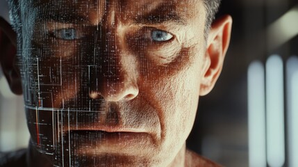 Man's face with intricate digital overlay, illustrating future technology