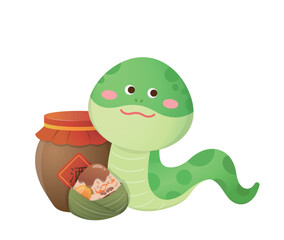 Green spotted playful snake with wine barrel and Chinese traditional food glutinous rice, illustration or icon