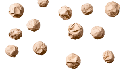 A collection of crumpled paper balls, with various sizes and shapes, isolated on a transparent background."