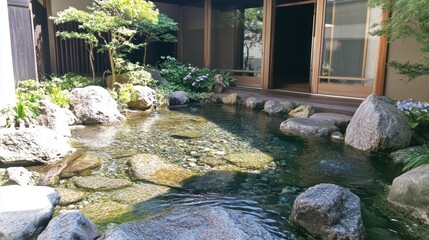 Peaceful Water Garden with Rocks and Lush Greenery Near Wooden Building
