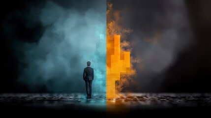Man in Suit Standing Between Two Contrasting Worlds of Light and Darkness with Digital Elements Symbolizing Choice