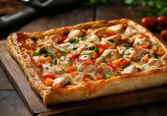 Delicious Chicken and Vegetable Puff Pastry Pizza on Wooden Board Surrounded by Fresh Ingredients and Herbs for a Culinary Delight