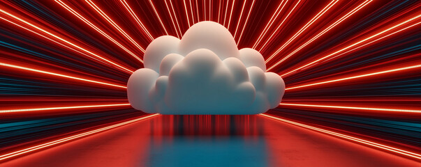 Futuristic cloud with vibrant red and blue light rays creating dynamic atmosphere. This 3D visualization evokes sense of innovation and technology
