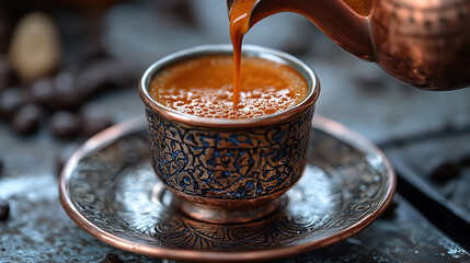 Copper kettle pours aromatic tea into intricately designed cup at a cozy outdoor setting in the late afternoon light