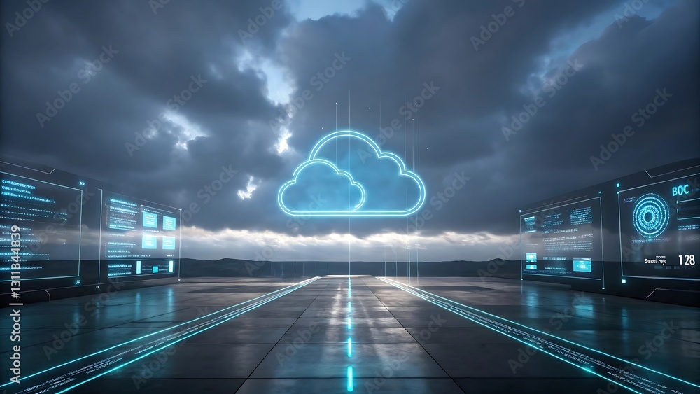 Poster cloud computing concept, digital data storage and processing.