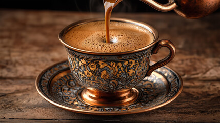 Cup filled with rich coffee being poured from a metallic kettle in a beautifully designed setting