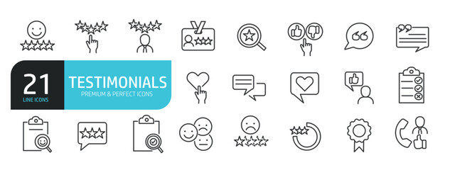 Set of line icons related testimonial, feedback, satisfaction, review. Outline icons collection. Editable stroke. Vector illustration