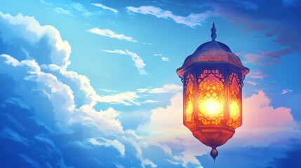 Obraz premium Glowing Lantern Against a Dreamy Sky with Clouds and Sunset Colors